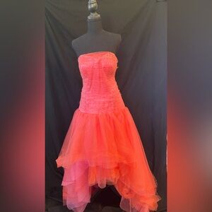 Strapless coral Tulle Hi-Low Formal / Prom Dress
